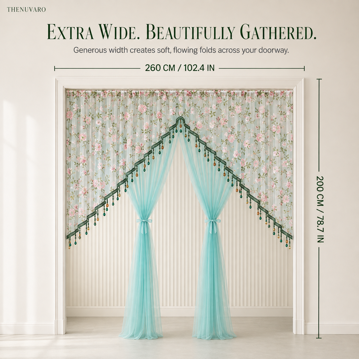🎀 Extra-Wide Embroidered Beaded Doorway Curtain – Romantic Sheer Tie-Back Divider
