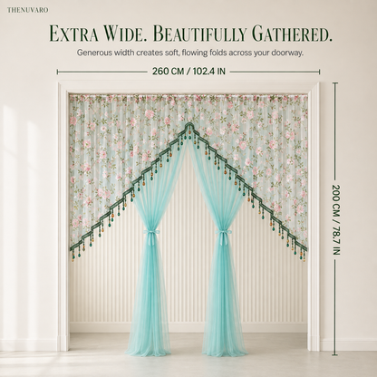 🎀 Extra-Wide Embroidered Beaded Doorway Curtain – Romantic Sheer Tie-Back Divider