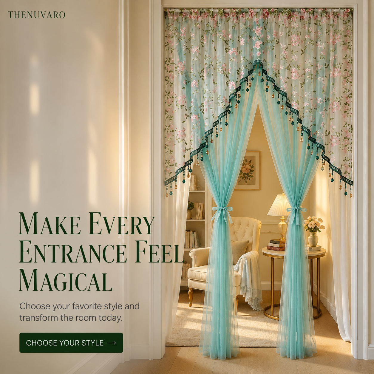 🎀 Extra-Wide Embroidered Beaded Doorway Curtain – Romantic Sheer Tie-Back Divider