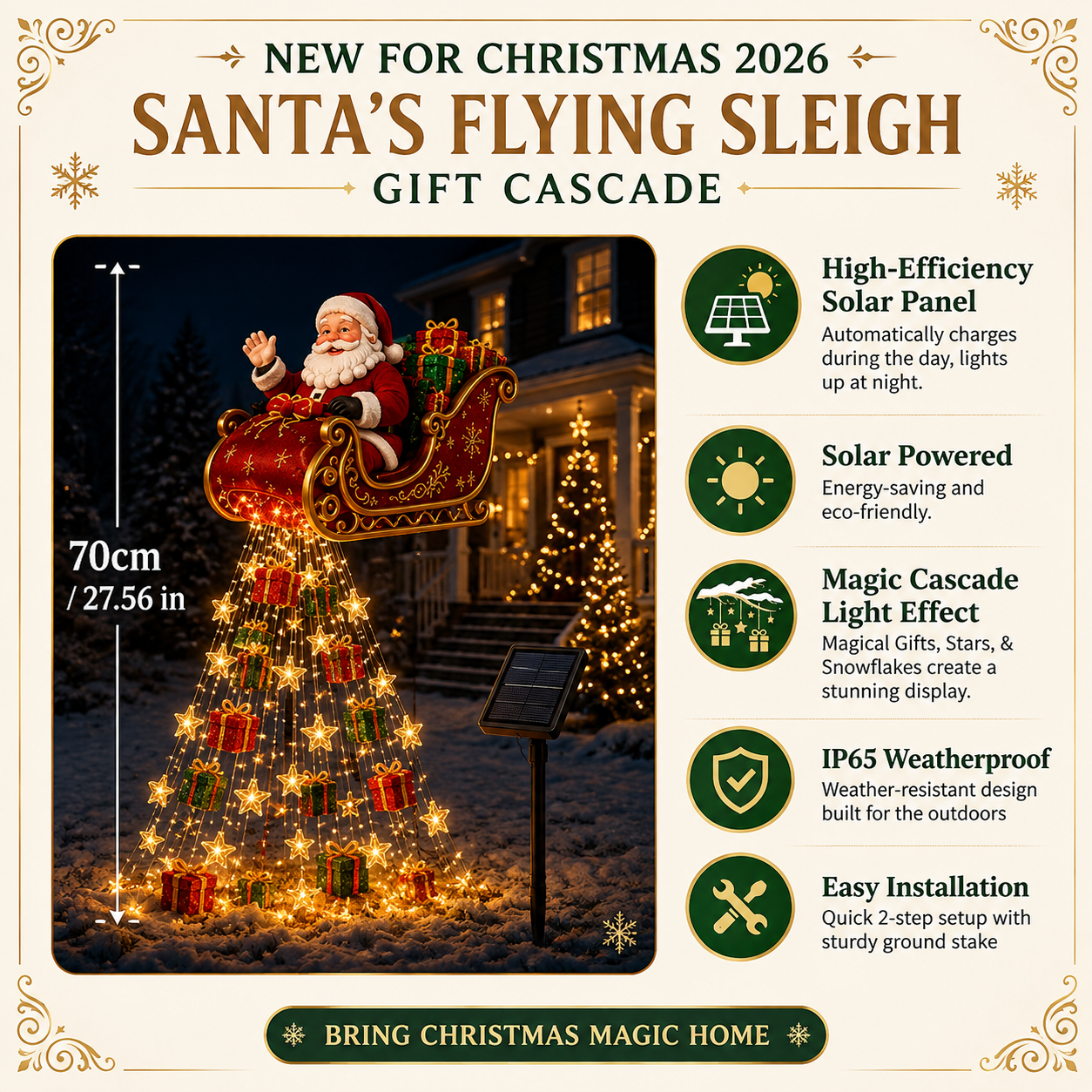 🎅✨ 2026 New Santa’s Flying Sleigh Gift Cascade – Solar Christmas Garden Light