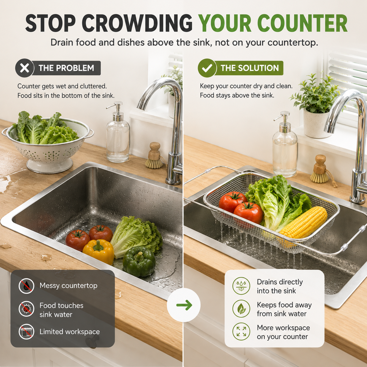 Expandable Over-the-Sink Colander Basket – Wash, Drain & Dry with Ease