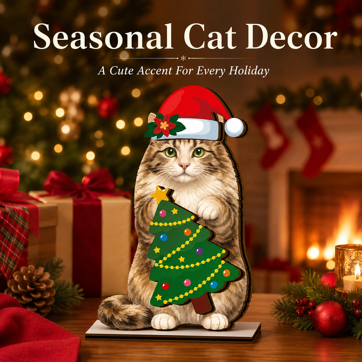 🐱 Interchangeable Seasonal Cat Wooden Decor – Holiday Desk & Home Decoration