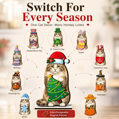 🐱 Interchangeable Seasonal Cat Wooden Decor – Holiday Desk & Home Decoration