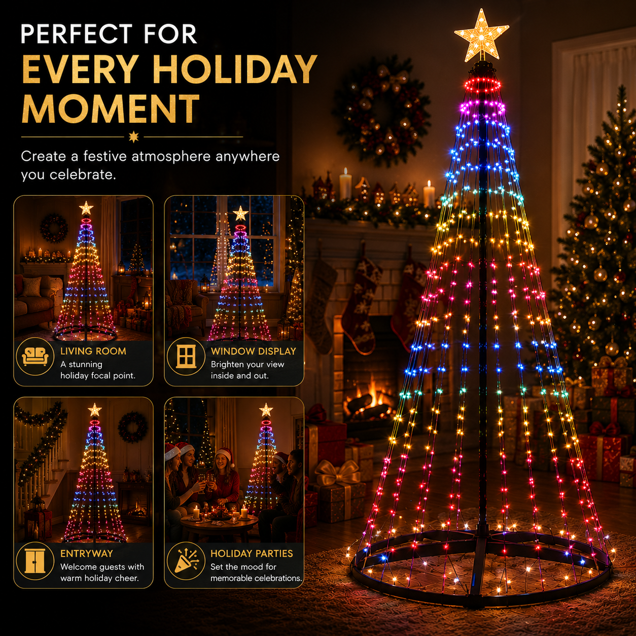 7ft Smart Christmas Tree Lights,RGB Color-Changing Light String with 200 LEDs