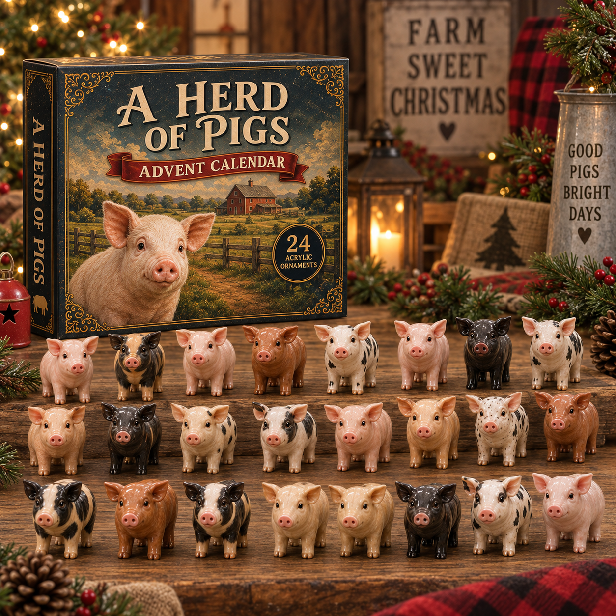 Herd of colorful pig figures arranged around the Advent Calendar
