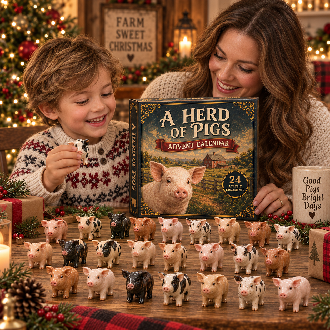 Mother and child enjoying a Herd of Pigs Christmas Advent Calendar