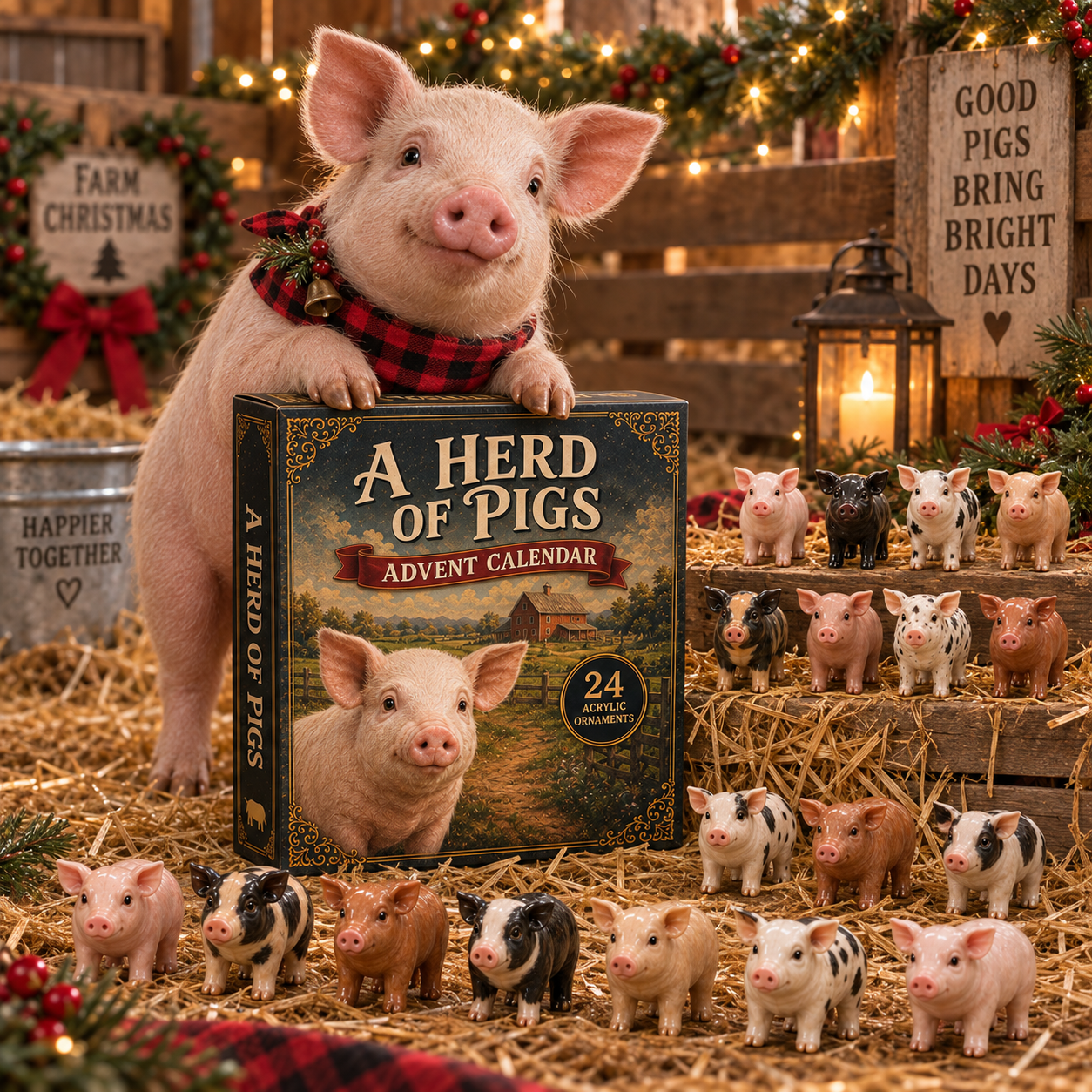 Cute pig beside the Herd of Pigs Advent Calendar in a Christmas farm setting