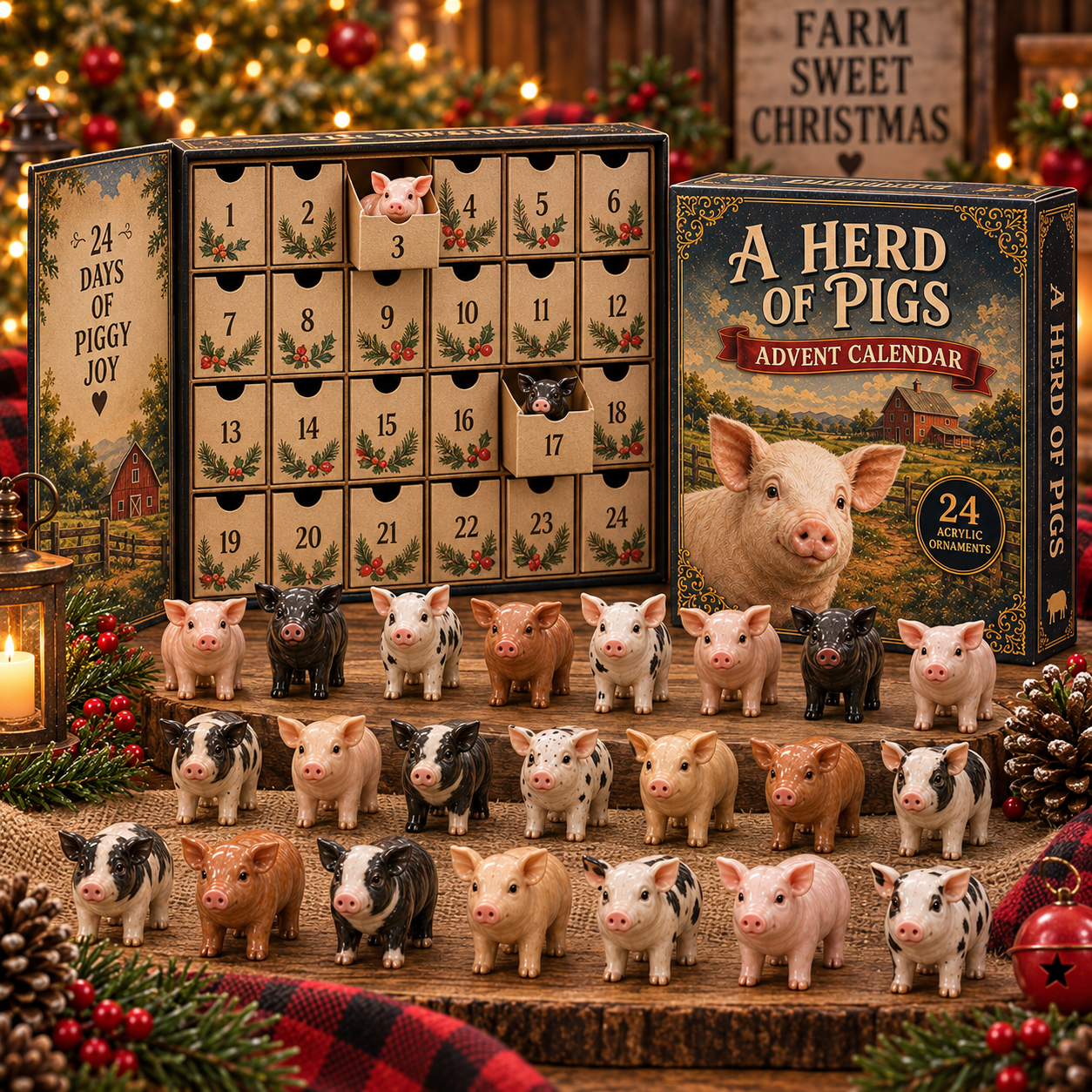 A Herd of Pigs Advent Calendar opened to reveal 24 numbered doors and pig figures