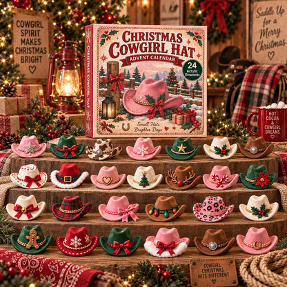 CHRISTMAS KICKOFF 40% OFF - Christmas Cowgirl Hat Advent Calendar 2026 - 24-Day Festive Countdown, Acrylic Charms Blind Box - Gift For Friends, Family AC0TM355