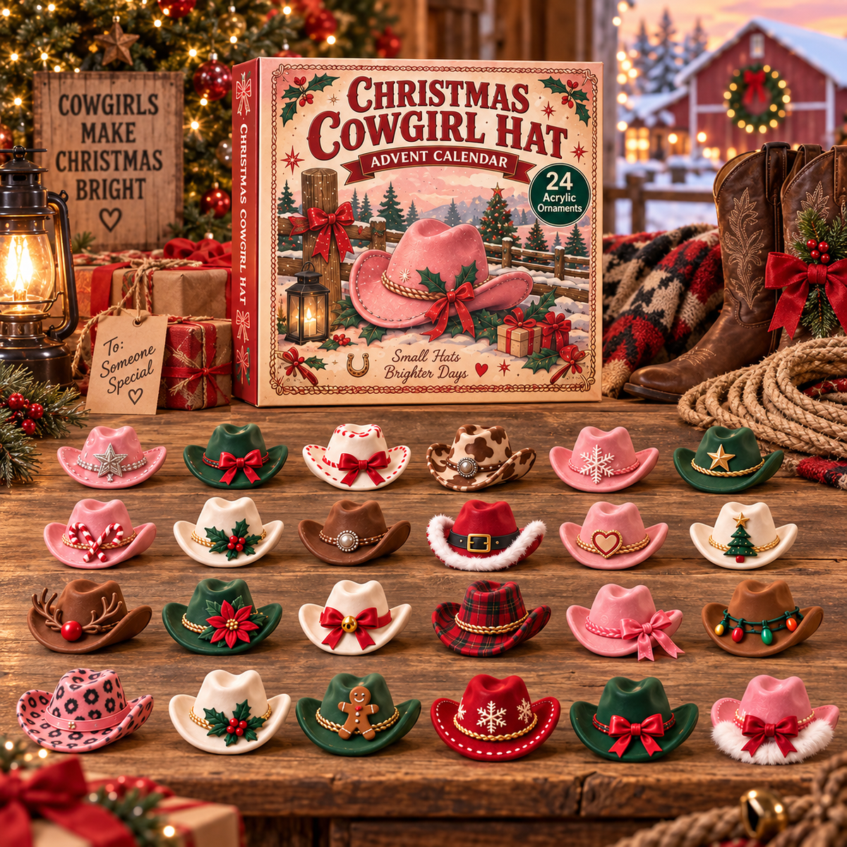 CHRISTMAS KICKOFF 40% OFF - Christmas Cowgirl Hat Advent Calendar 2026 - 24-Day Festive Countdown, Acrylic Charms Blind Box - Gift For Friends, Family AC0TM355