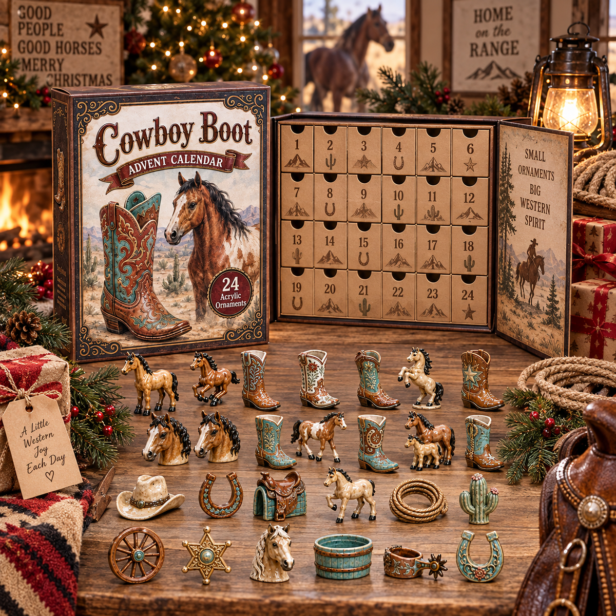 CHRISTMAS KICKOFF 40% OFF - Cowboy Boots Advent Calendar 2026 - 24-Day Festive Countdown, Acrylic Charms Blind Box - Gift For Horse Lovers