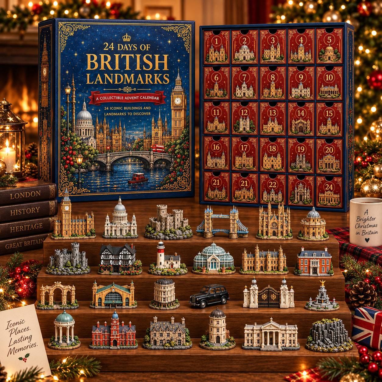 Full British landmark miniature collection arranged in front of the 24-day calendar.