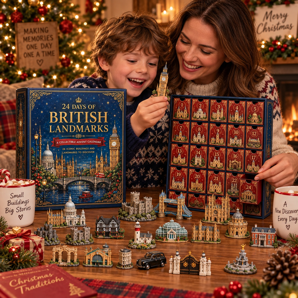 A parent and child opening the British Landmarks advent calendar together and holding a miniature clock-tower landmark.