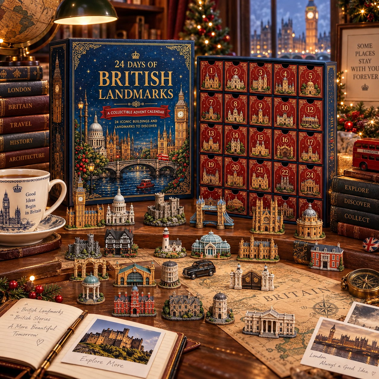 British landmark miniatures displayed over a vintage-style Britain map beside travel books, a notebook and the advent calendar.