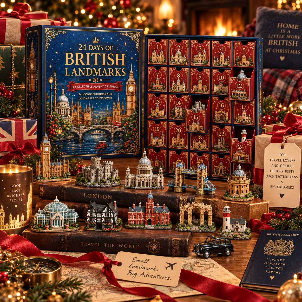 British Landmarks advent calendar styled as a Christmas gift among travel books, a compass, map and red ribbon.