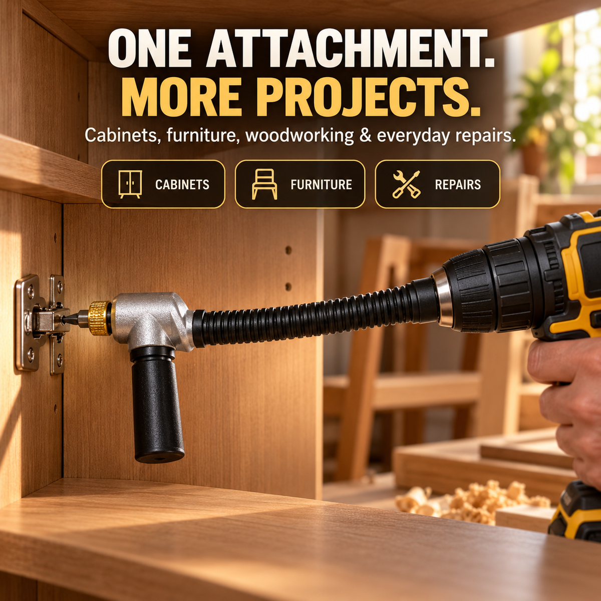 🔧 90° Flexible Right-Angle Drill Attachment — Reach Tight Spaces With Your Existing Drill