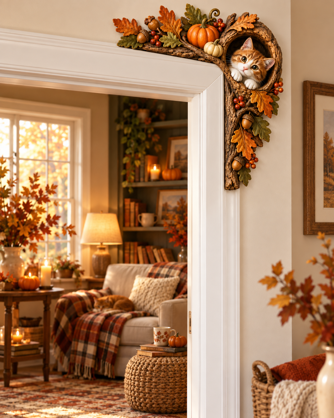 Wooden Fall Cat Door Topper Decor-Rustic Autumn Kitten Door Topper