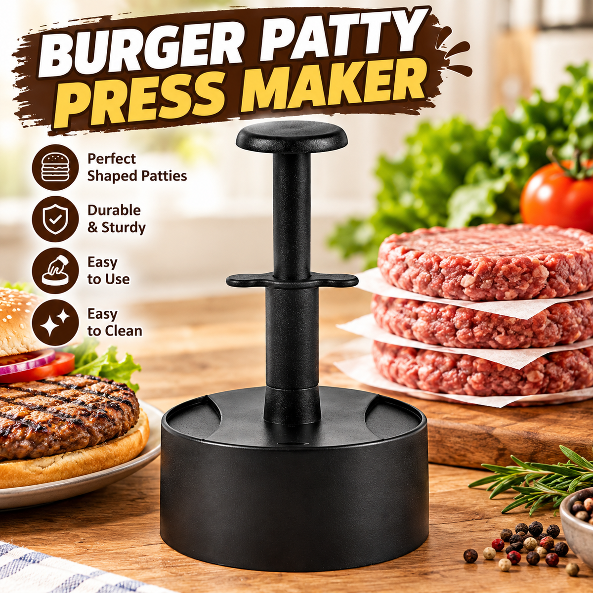 Hamburger Patty Maker with Press Handle, Burger Mold for Even Cooking