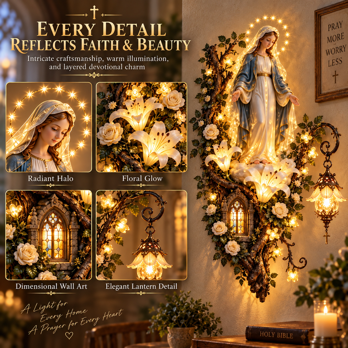 🙏✨ Blessed Mother Lighted Wall Décor | Virgin Mary 3D Religious Wall Art with Warm Ambient Glow