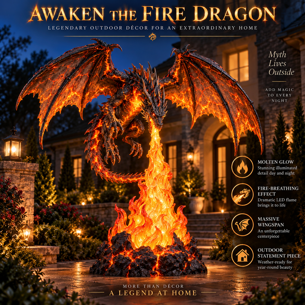 🐉🔥 Fire-Breathing Dragon Lighted Statue | Molten Lava Fantasy Outdoor Décor, Gothic Garden Display & Dragon Lover Gift