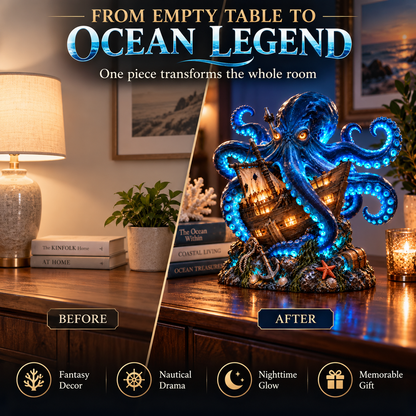 🐙⚓ Kraken Shipwreck Lighted Statue | Mystical Deep-Sea Octopus & Sunken Ship Nautical Décor