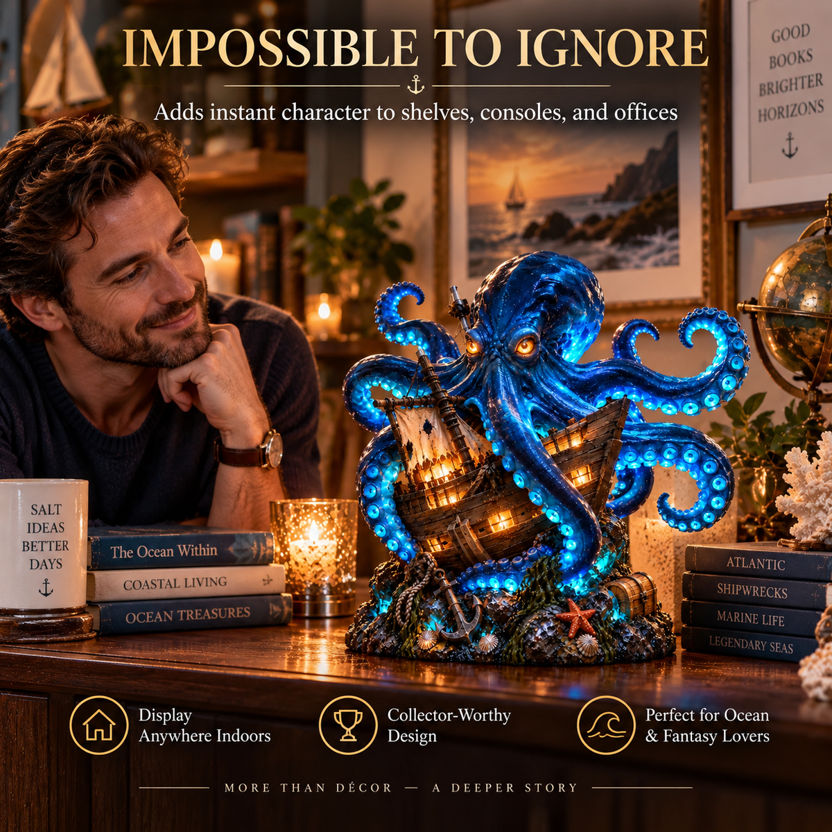 🐙⚓ Kraken Shipwreck Lighted Statue | Mystical Deep-Sea Octopus & Sunken Ship Nautical Décor