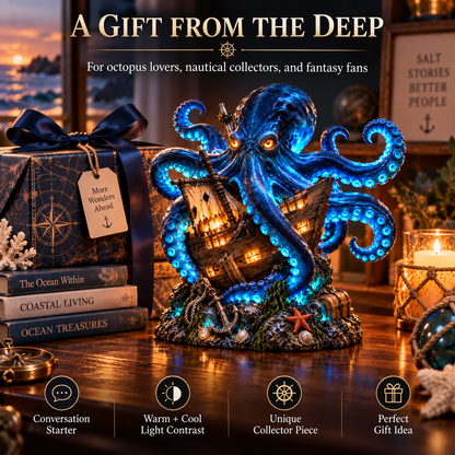 🐙⚓ Kraken Shipwreck Lighted Statue | Mystical Deep-Sea Octopus & Sunken Ship Nautical Décor