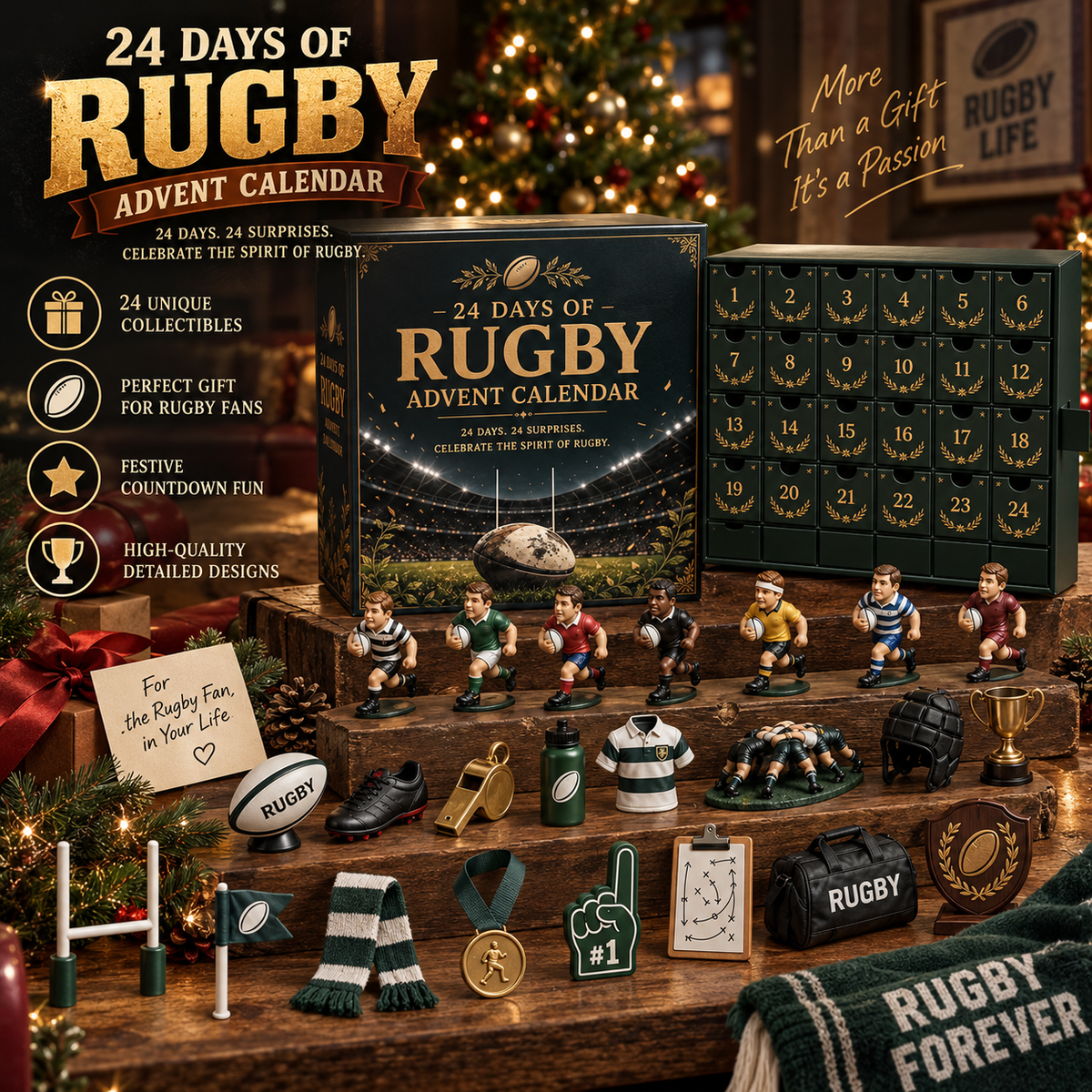 CHRISTMAS KICKOFF 49% OFF - 2026 Days of Rugby Blind Box - 24-Day Festive Countdown, Rugby Themed Collectible Miniatures Blind Box - Gift For Rugby Fans