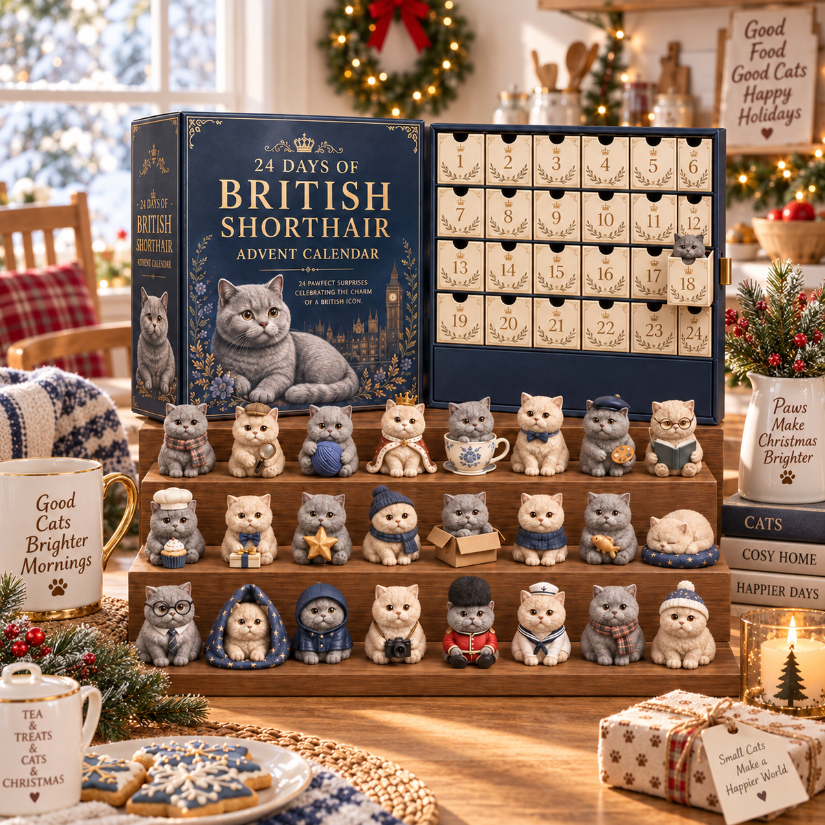 British Shorthair Advent Calendar in a cozy Christmas home