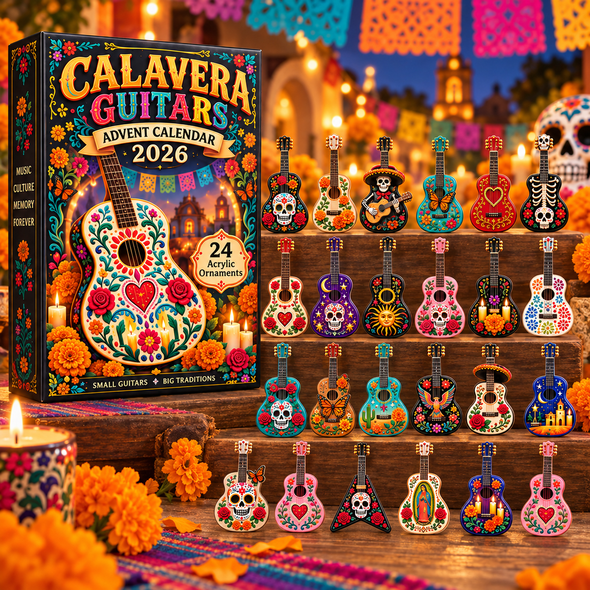DAY OF THE DEAD KICKOFF 49% OFF - Calavera Guitars Advent Calendar 2026 - 24-Day Festive Countdown, Acrylic Charms Blind Box - Gift For Family & Friends