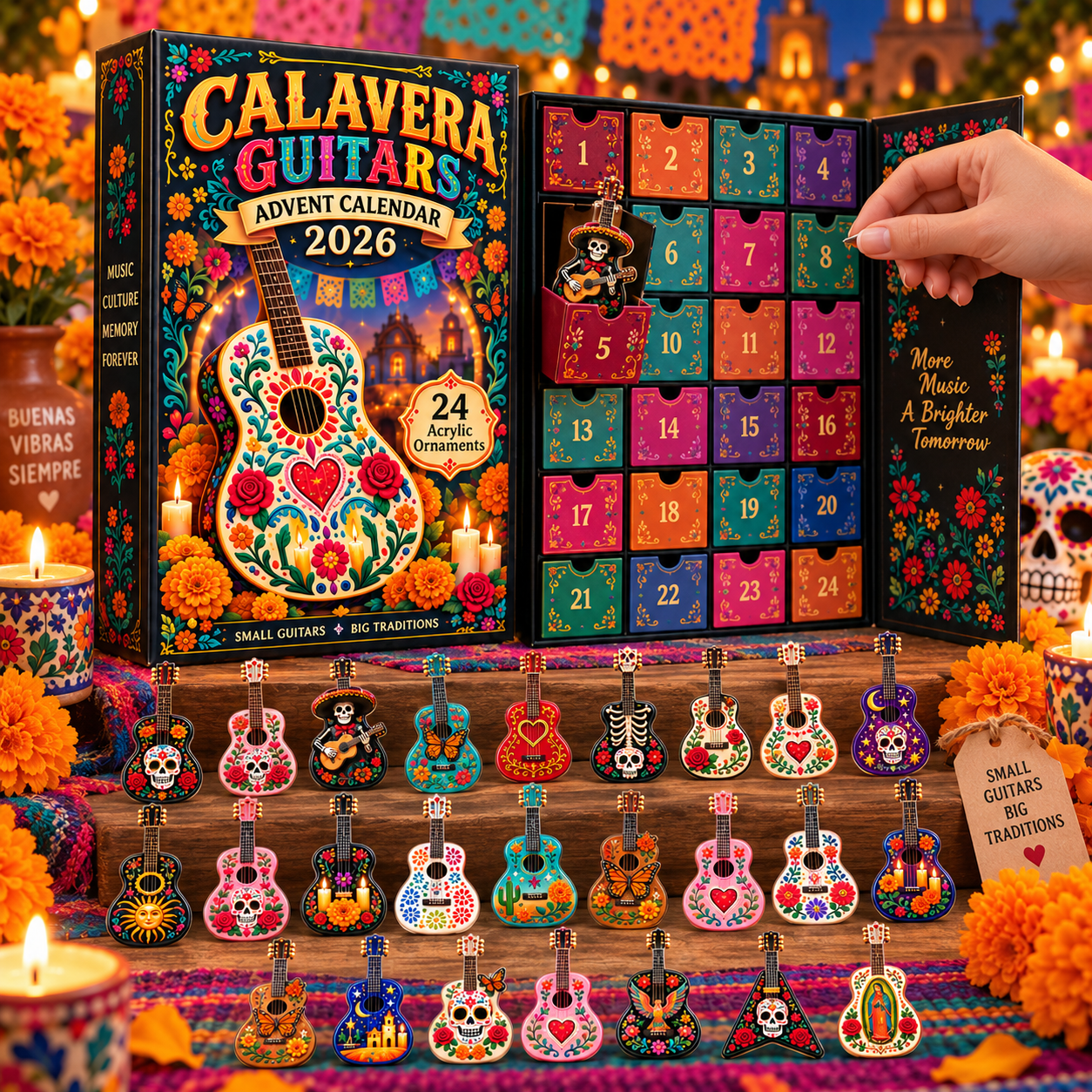 DAY OF THE DEAD KICKOFF 49% OFF - Calavera Guitars Advent Calendar 2026 - 24-Day Festive Countdown, Acrylic Charms Blind Box - Gift For Family & Friends