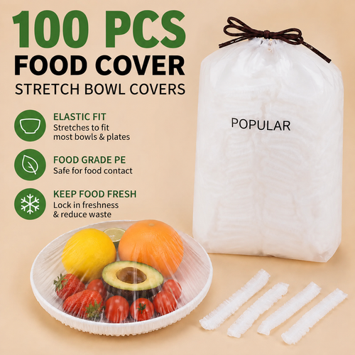 100PCS Disposable Stretch Food Covers for Bowls & Plates, Elastic Bowl Covers, Plastic Wrap Alternative for Leftovers, Fruits, Vegetables & Kitchen Food Storage