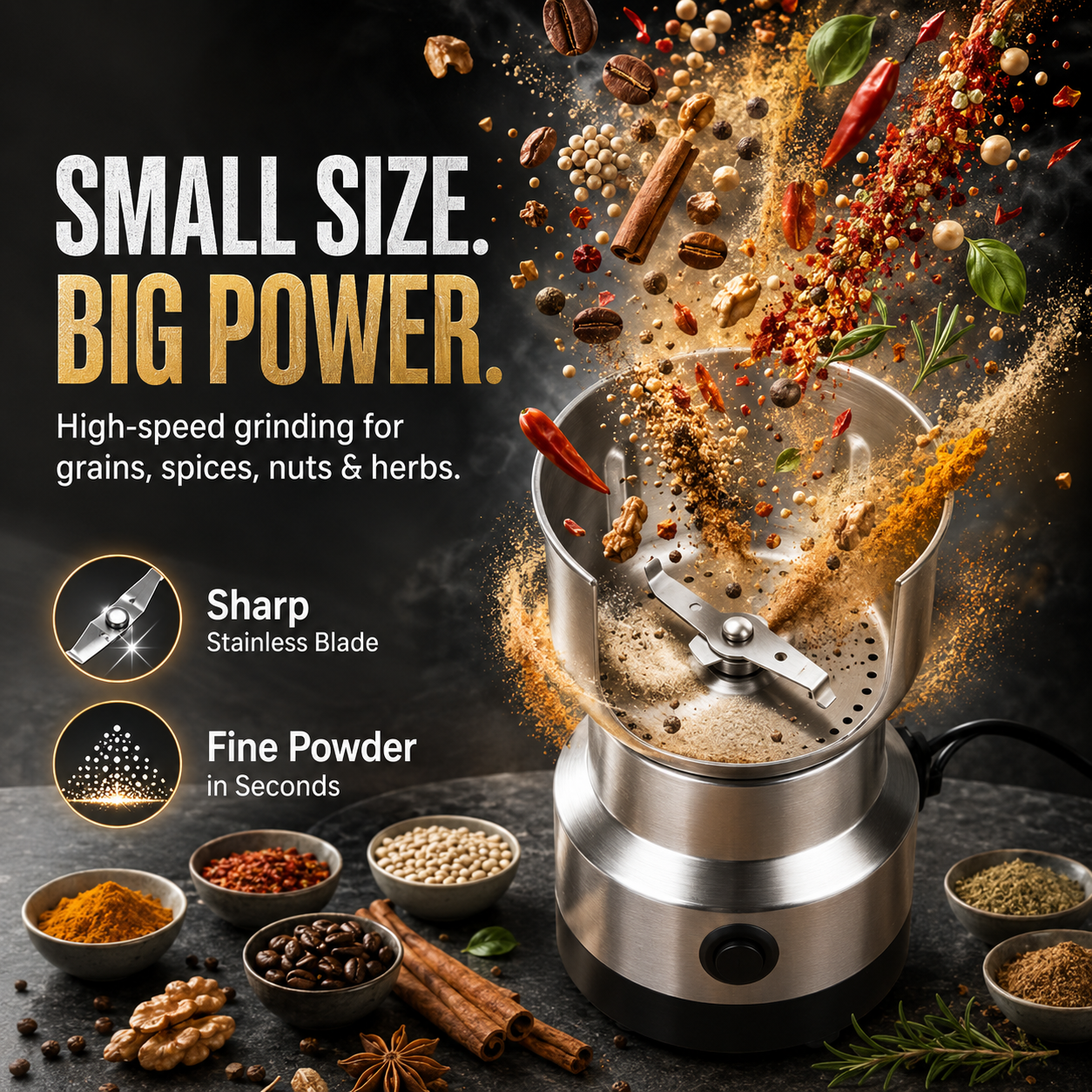 ⚡High-Speed Stainless Steel Grain Grinder – Powerful Electric Mill for Fast, Fresh Grinding