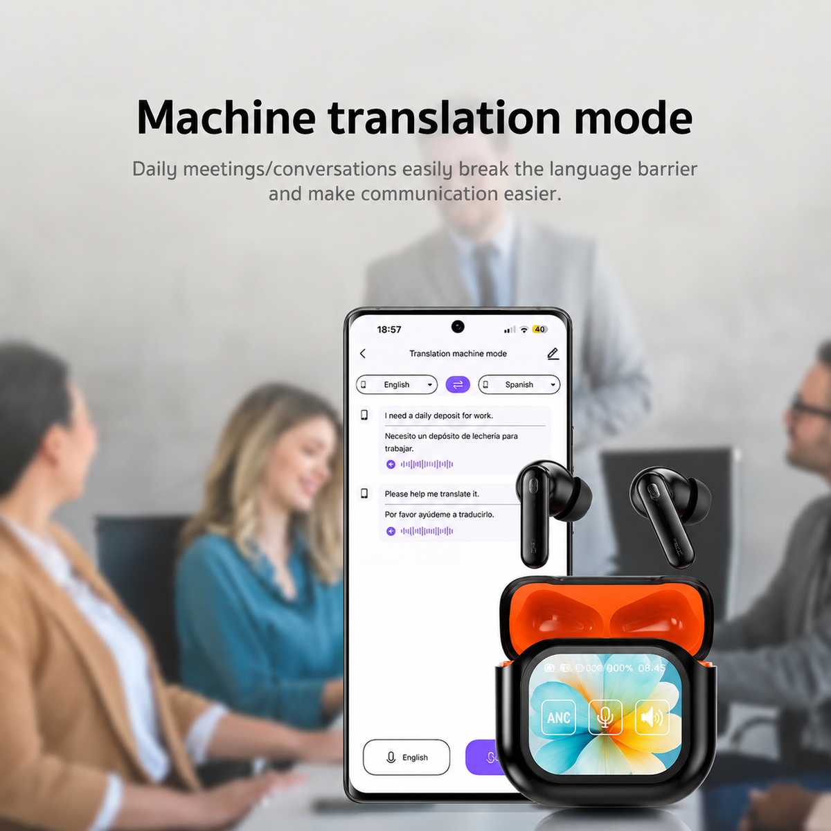 Smart Translation Bluetooth Earbuds – Touchscreen Charging Case
