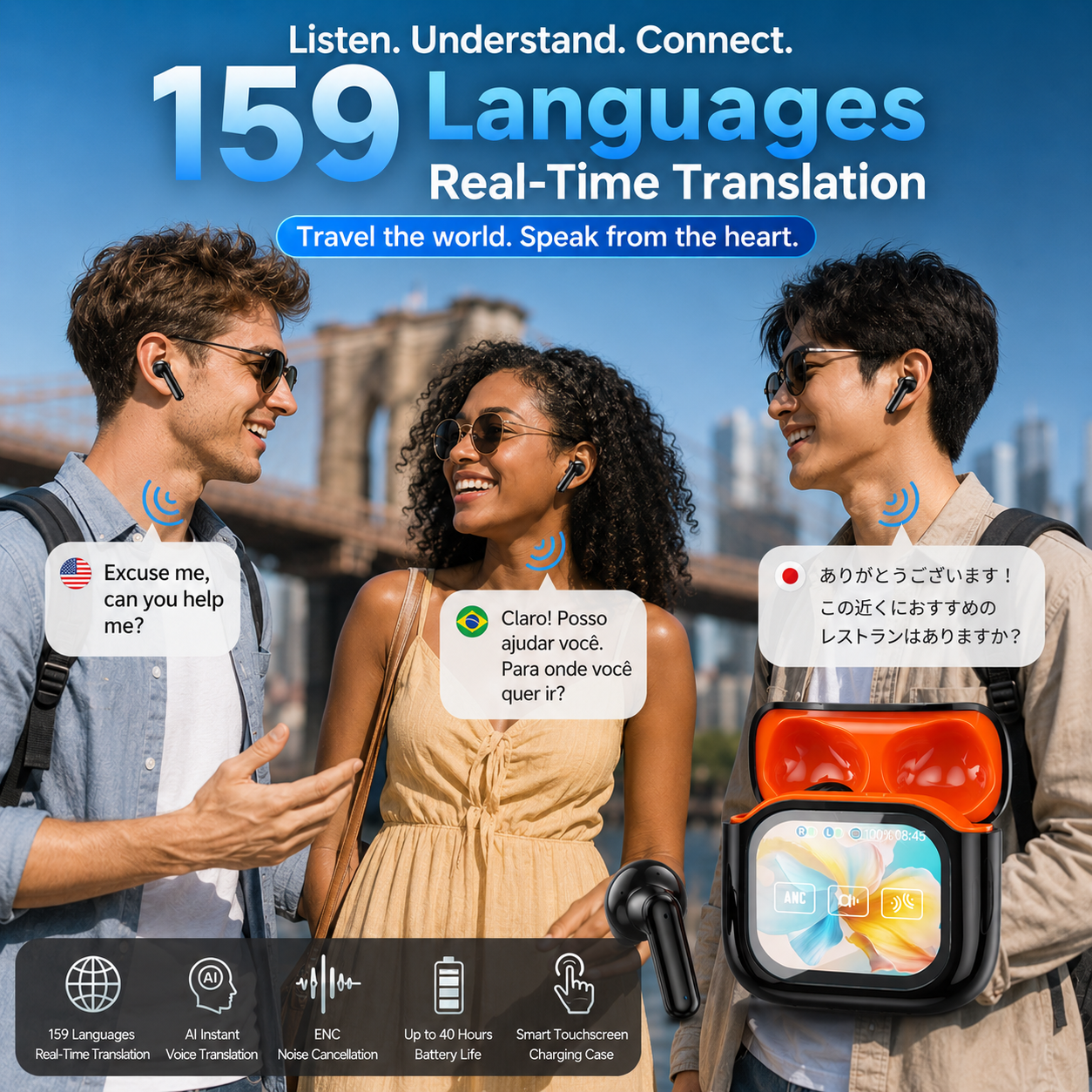 Smart Translation Bluetooth Earbuds – Touchscreen Charging Case