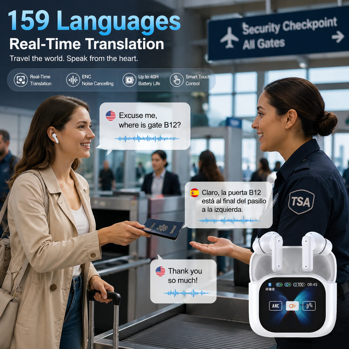Smart Translation Bluetooth Earbuds – Touchscreen Charging Case