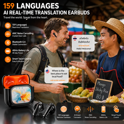 Smart Translation Bluetooth Earbuds – Touchscreen Charging Case