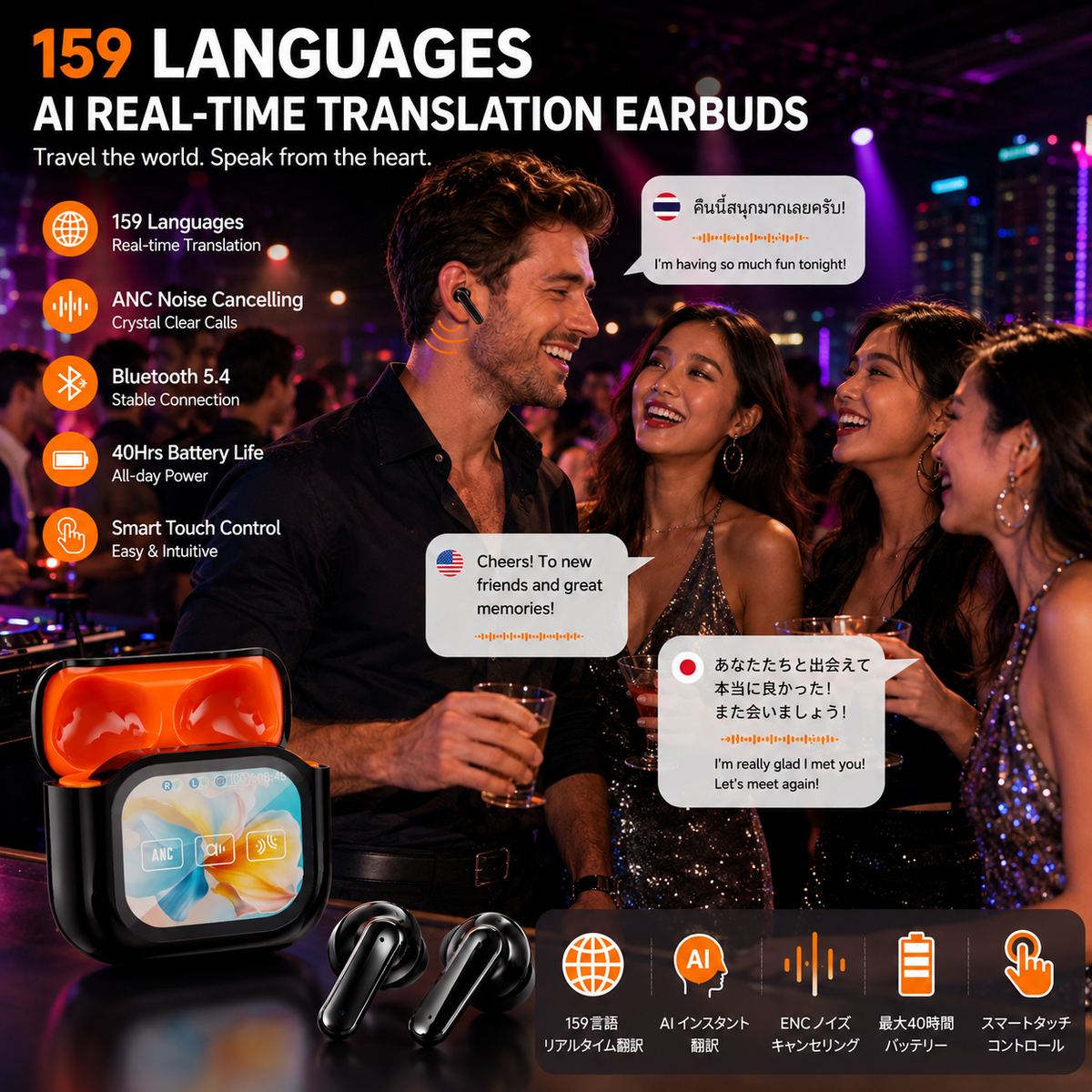 Smart Translation Bluetooth Earbuds – Touchscreen Charging Case