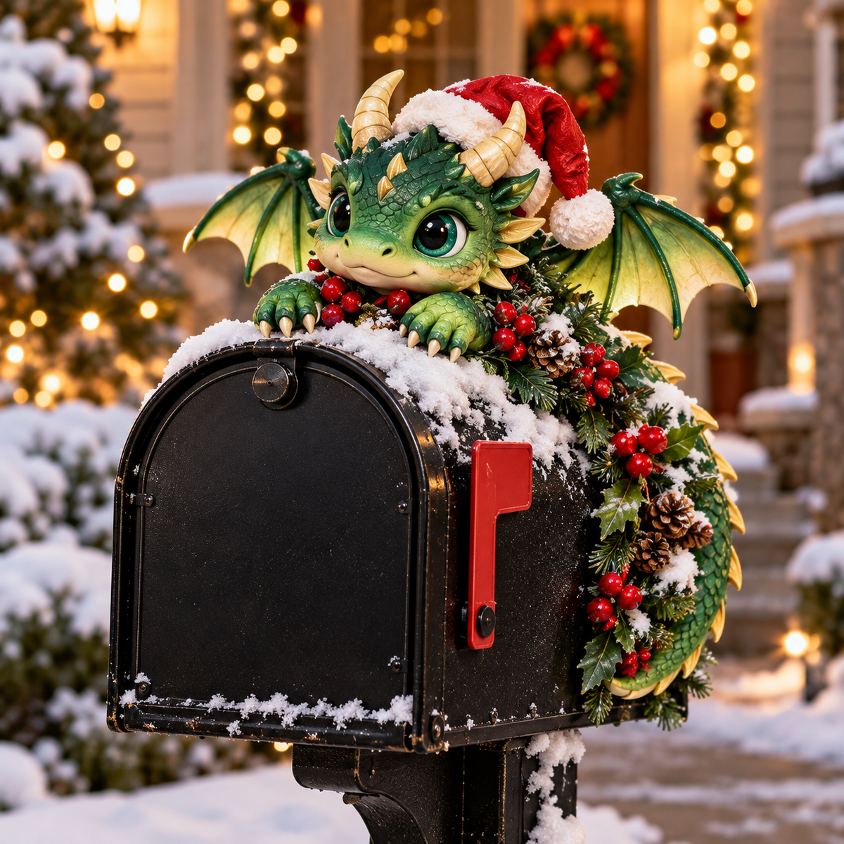 🎄🐉 Christmas Dragon Mailbox Topper — Festive Outdoor Holiday Decor ✨