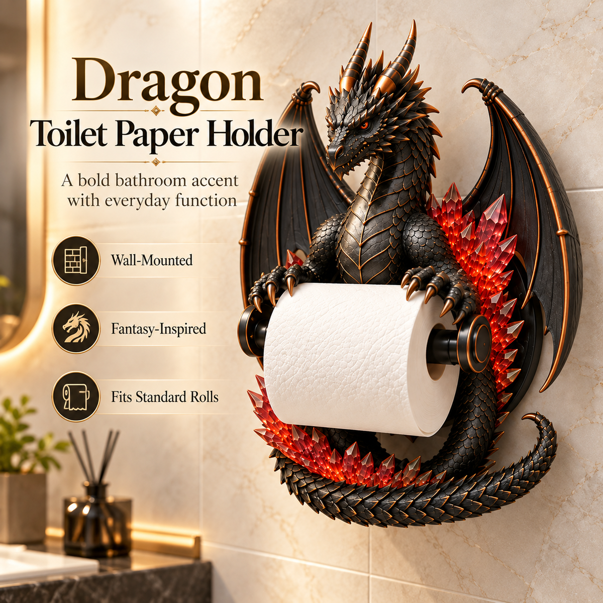 Dragon Toilet Paper Holder – Gothic Fantasy Wall-Mounted Bathroom Decor 🐉