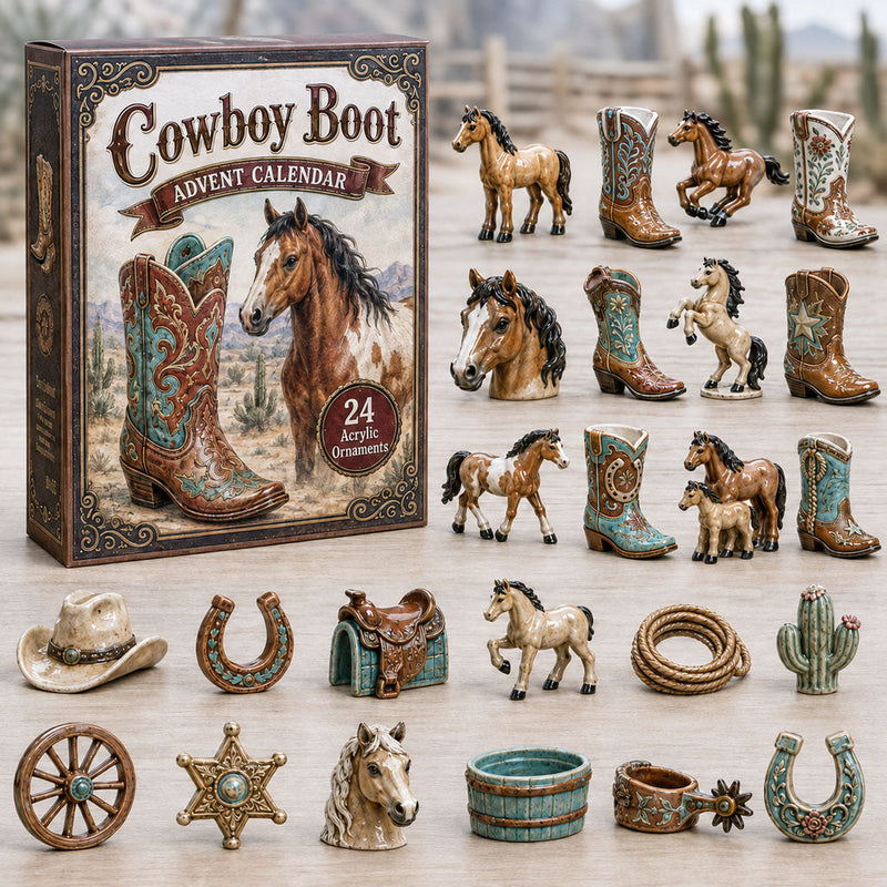 Collection artwork featuring decorated cowboy boots, horses, a cowboy hat, horseshoes, a saddle and other Western motifs.