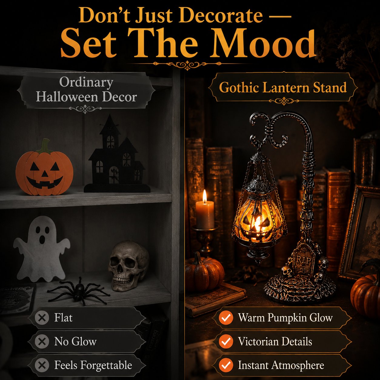🎃 Gothic Pumpkin Lantern Stand | Warm Orange LED Glow, Victorian Skull Details & Haunted Shelf Decor 🕯️