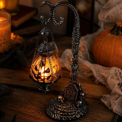 🎃 Gothic Pumpkin Lantern Stand | Warm Orange LED Glow, Victorian Skull Details & Haunted Shelf Decor 🕯️