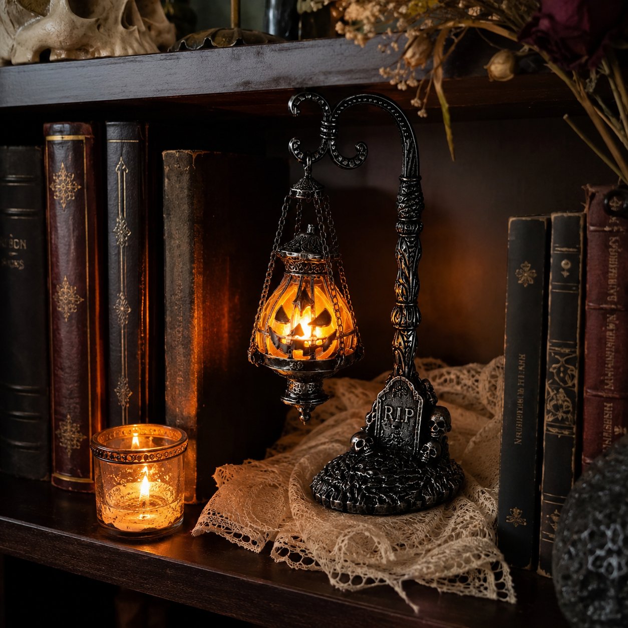 🎃 Gothic Pumpkin Lantern Stand | Warm Orange LED Glow, Victorian Skull Details & Haunted Shelf Decor 🕯️