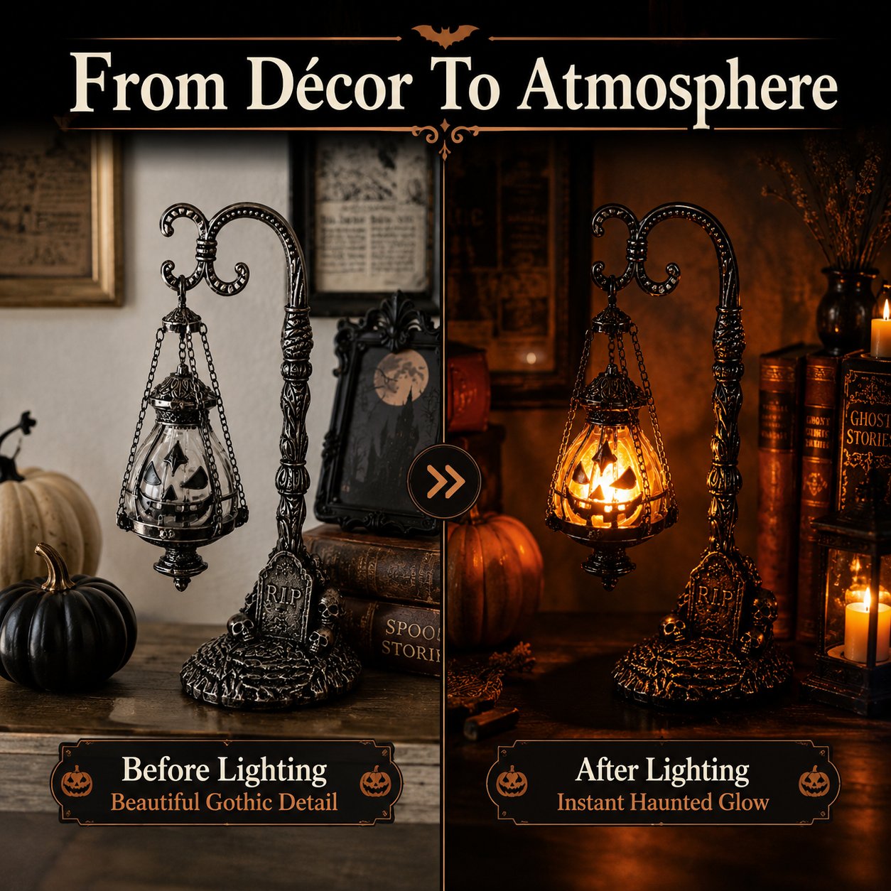 🎃 Gothic Pumpkin Lantern Stand | Warm Orange LED Glow, Victorian Skull Details & Haunted Shelf Decor 🕯️