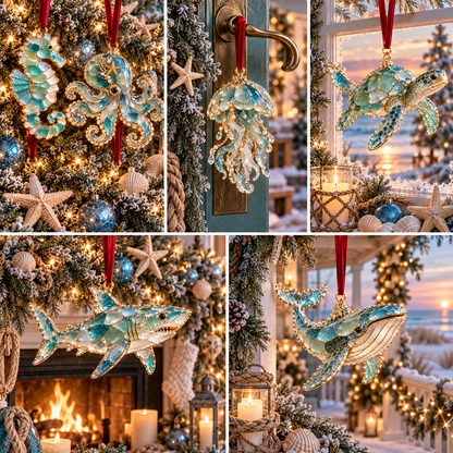2026 Ocean Christmas Series Sea Glass Ornament Collection – Seahorse, Octopus, Jellyfish, Shark, Sea Turtle & Whale Coastal Holiday Keepsakes
