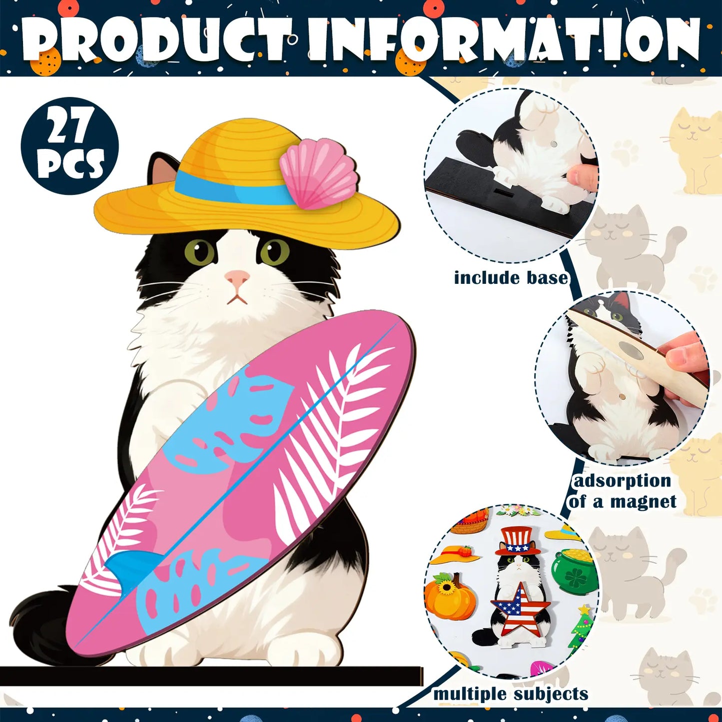 🐱 Interchangeable Seasonal Cat Wooden Decor – Holiday Desk & Home Decoration