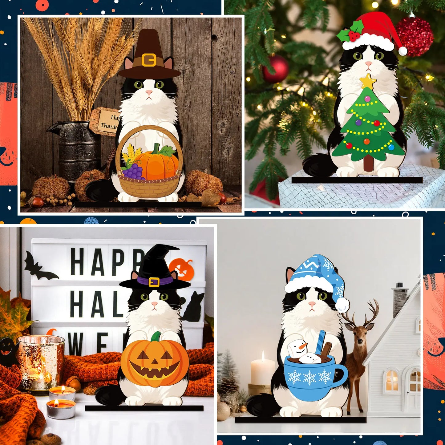🐱 Interchangeable Seasonal Cat Wooden Decor – Holiday Desk & Home Decoration