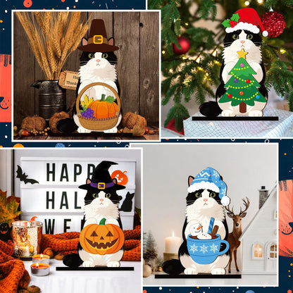 🐱 Interchangeable Seasonal Cat Wooden Decor – Holiday Desk & Home Decoration
