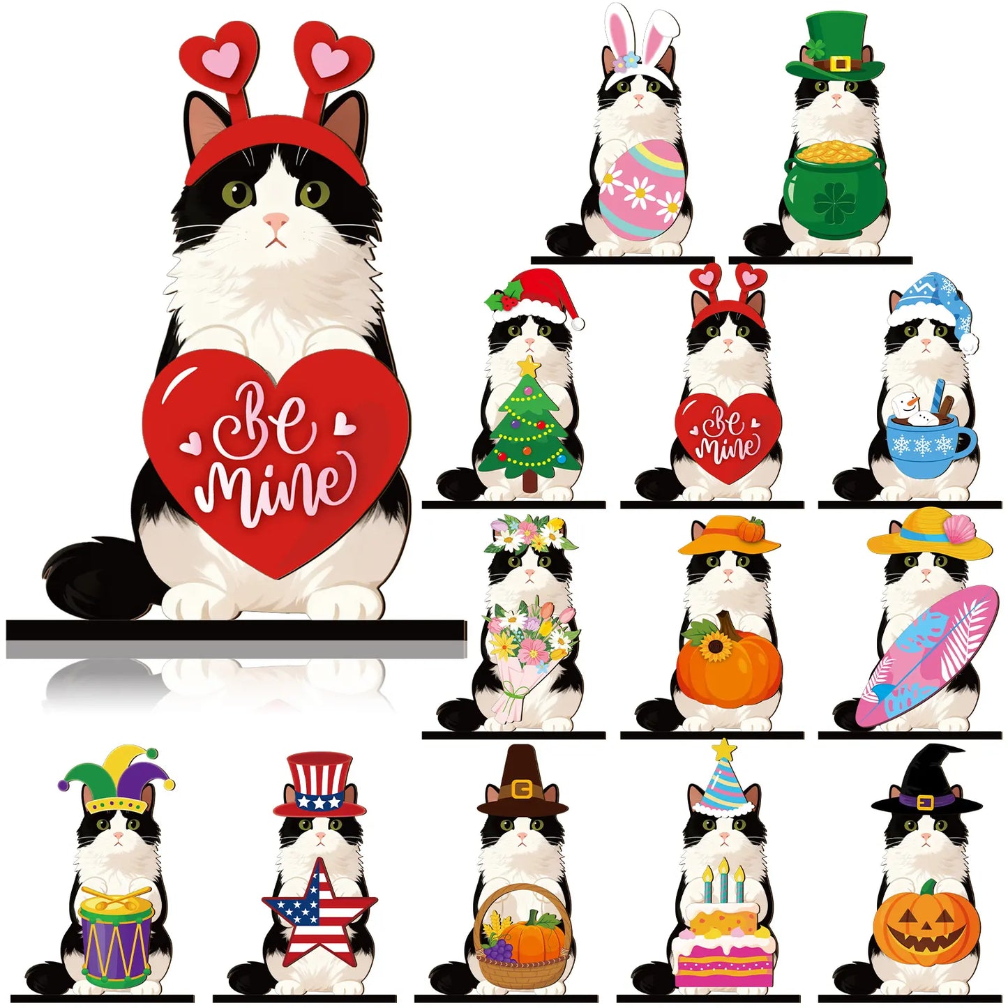 🐱 Interchangeable Seasonal Cat Wooden Decor – Holiday Desk & Home Decoration